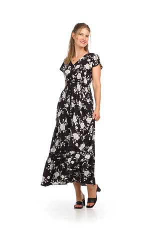 PD-14528 - FLORAL BUTTON FRONT MAXI DRESS WITH ELASTIC WAIST, LACE INSET, AND POCKETS - Colors: AS SHOWN - Available Sizes:XS-XXL - Catalog Page:5 